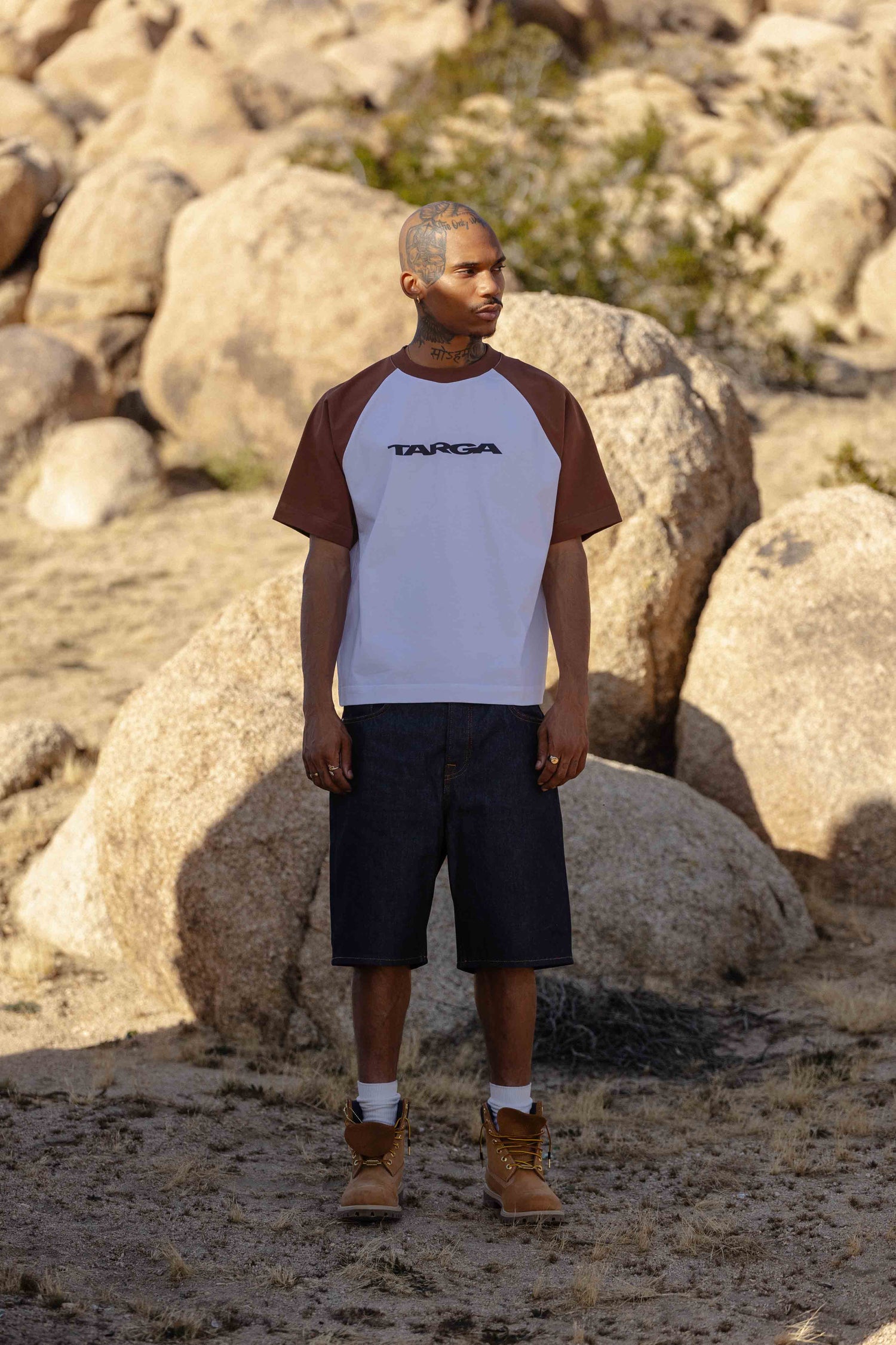 Model Wearing Brown Raglan T-shirt